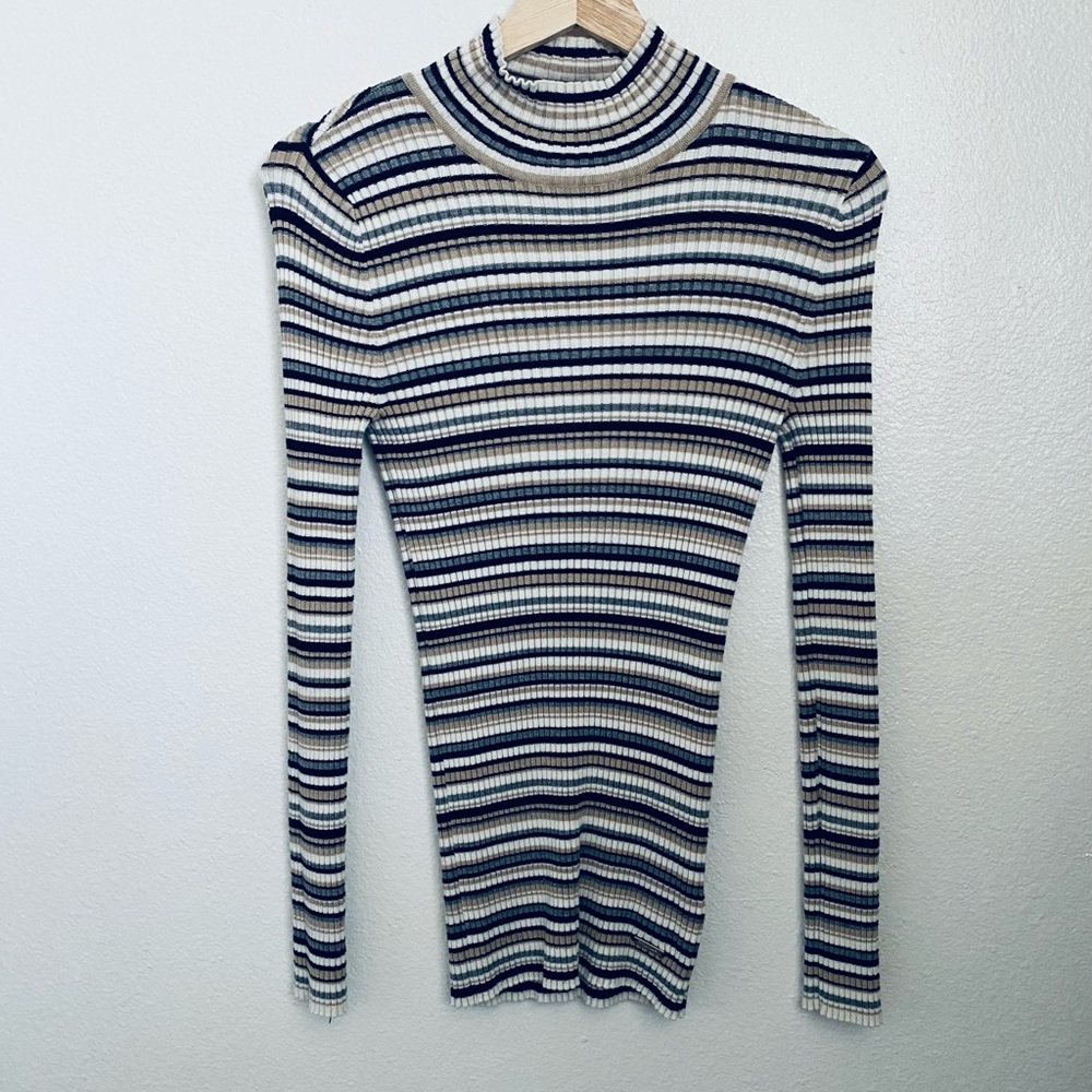 T Tahari Striped Long Sleeve Top in Navy and Cream